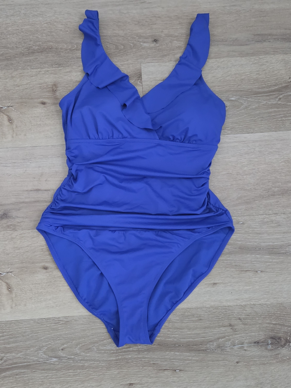 Ralph Lauren Women’s Large Blue One-Piece Swimsuit Ruffle Ruched Tummy Control